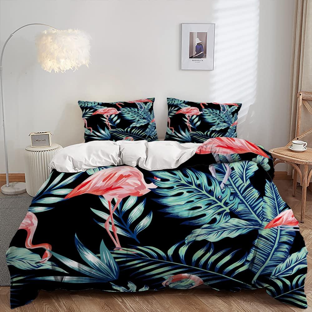 Flamingo Duvet Cover Set Tropical Animal Pattern King Bedding Set Girls Pink Floral Quilt Cover Queen Full Comforter Covers 3Pcs