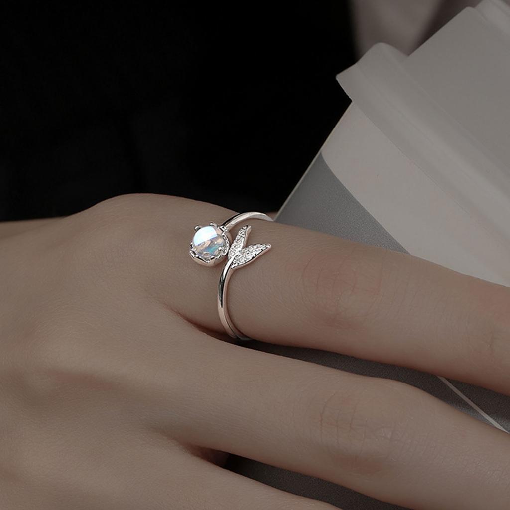  Sterling Silver Mermaid Tail Opening Rings Luxury Zircon Natural Moonstone Finger Ring for Women Girls Jewelry Gift