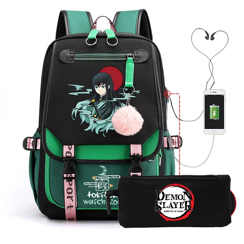 Two-dimensional peripheral day man ghost extinguishing backpack pencil bag large capacity student leisure schoolbag with USB port