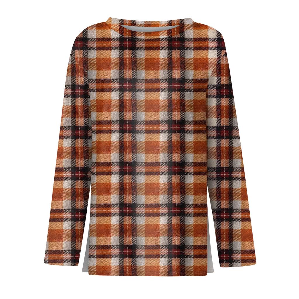 Damenmode Lässig Schlitz Saum Rundhals Langarm Lose Bedrucktes T-Shirt Damen Top