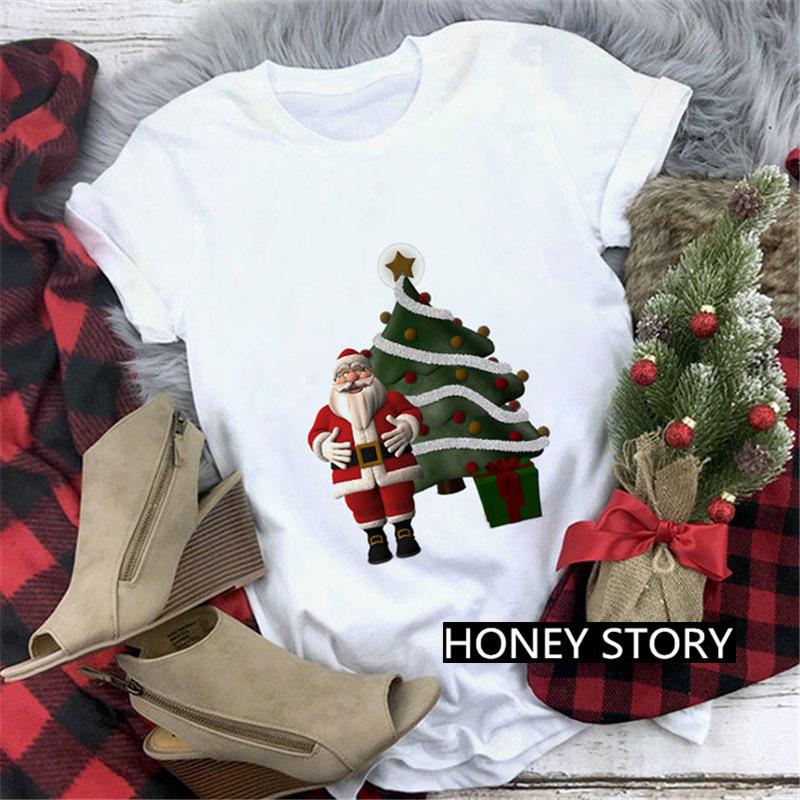 Casual Cute Cartoon Christmas Santa Graphic Female T-Shirt 90S Funny Summer Tees Loose White Blouse Short Sleeve O-Neck Crop Top
