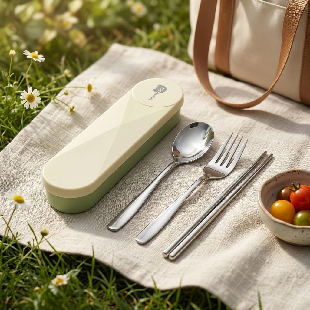 Portable Stainless Steel Cutlery Set Spoon Fork Chopsticks with Organizer Case Kids School Travel Camping Tableware Utensils