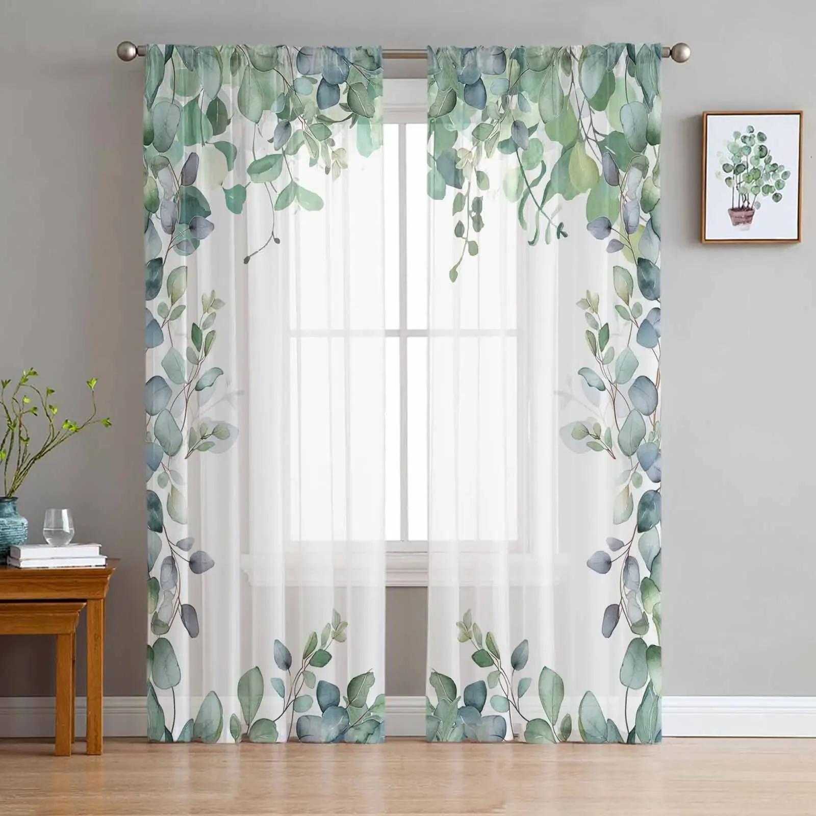 

Весенние акварельные растения листья эвкалипта прозрачные шторы для украшения гостиной оконные занавески для кухни тюль вуаль шторы W135 x H215cm x1&Grommet Top