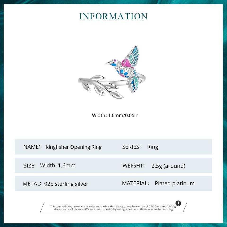 Inel de deschidere Kingfisher din argint Sterling 925 BAMOER Inel reglabil cu pasăre emailat colorat pentru femei, cadou de bijuterii fine de petrecere