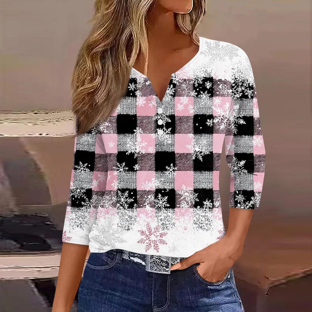 Damenmode Lässig Halloween Bedruckt V-Ausschnitt Kurzarm Zierknopf Dreiviertelarm T-Shirt Top