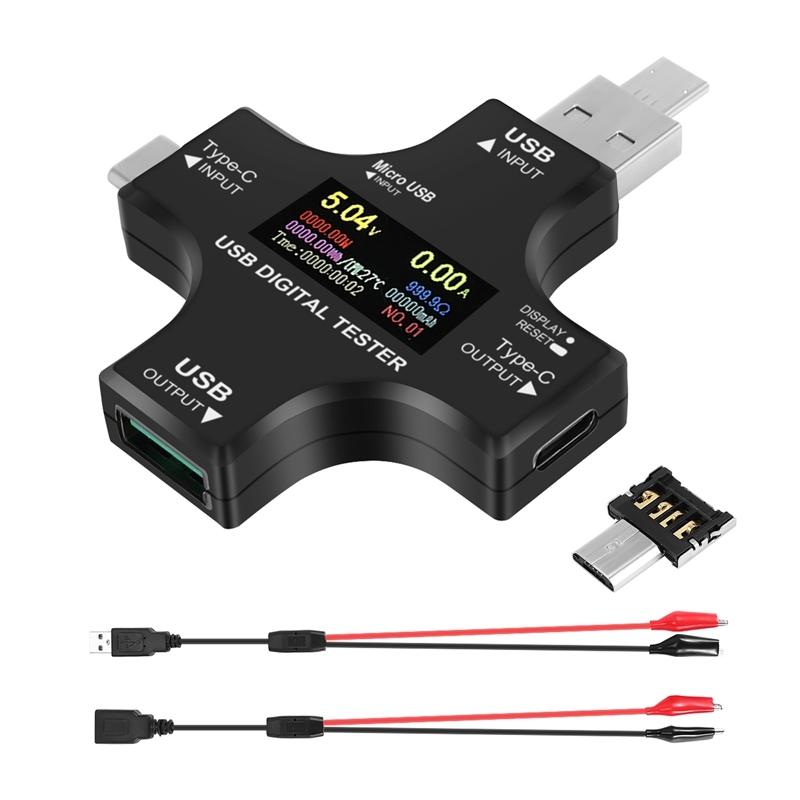 USB C Tester,2 In 1 Type C USB Tester Color Screen IPS Digital Multimeter,Voltage,Current,Power,Resistance,Temperature,with Clip