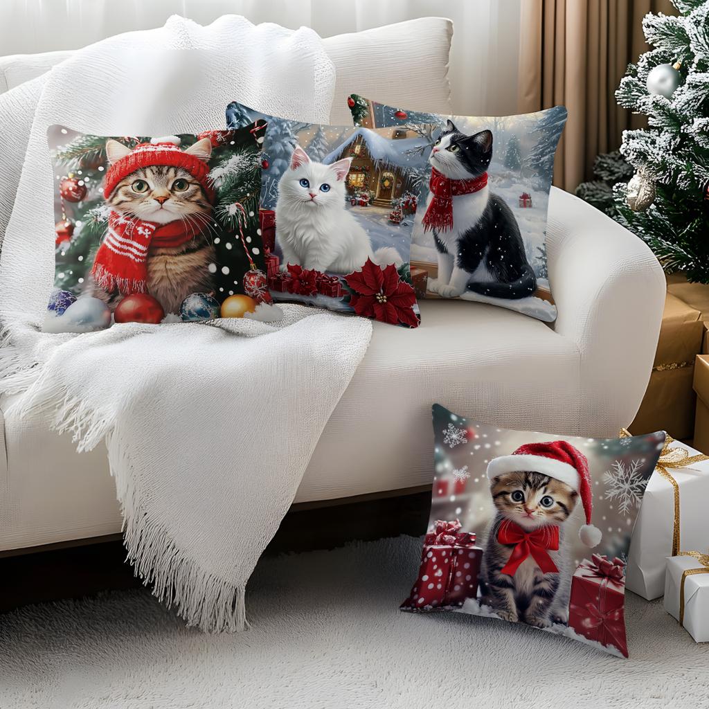 Christmas Themed Cat Pillowcase Bedroom Sofa Cushion Cover 100% Polyester Living Room Cushion Pillowcase Home Decor