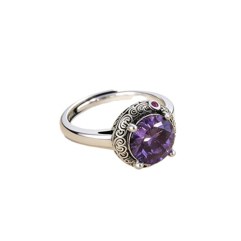 Elegant Korean Amethyst Ring: Silver-Plated, Retro Floral Design, Zircon Inlaid