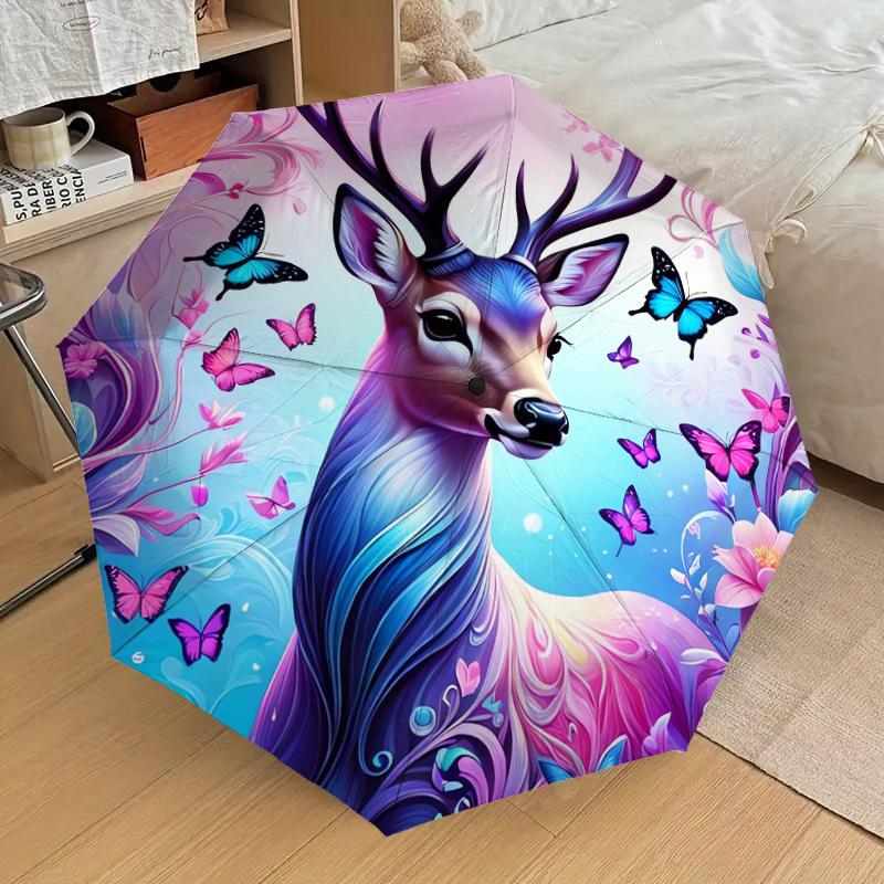 1pc Fantasy Deer with Butterflies Umbrella with Plastic Handle,Suitable for All Seasons Home Travel Outdoor UmbrellaDD007