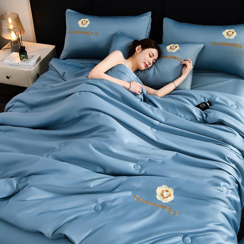 Luxurious Ice Silk Summer Quilt Set - Machine Washable, Air Conditioning Friendly, Double Size, Lightweight and Breathable.