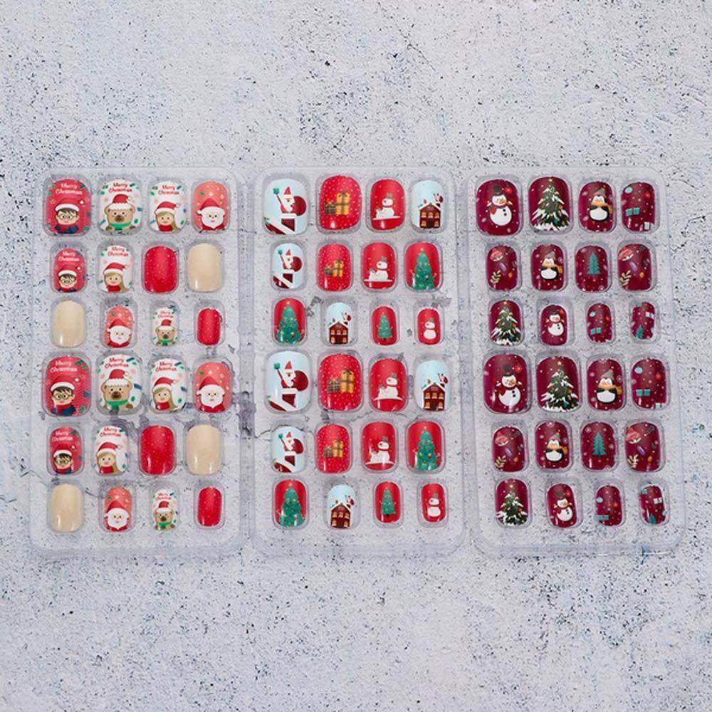 Round Head Wearable Acrylic Artificial Nail Full Cover Nail Tips Christmas Series False Nails Kids Fake Nail Manicure Tool