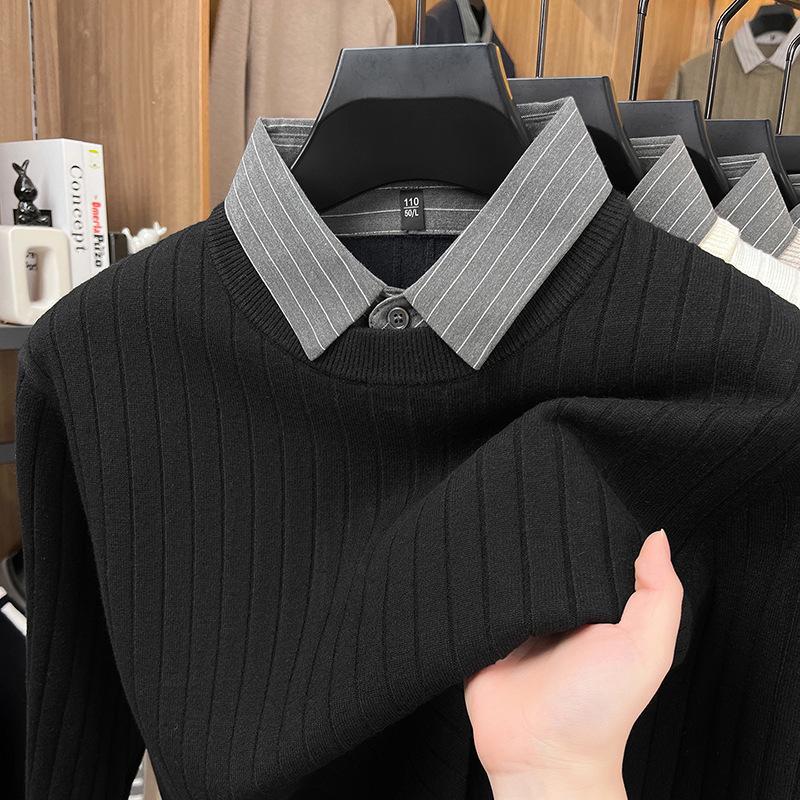 Men's Faux Two-Piece Autumn/Winter Knit Sweater with Shirt Collar - Casual Base Layer for Middle-Aged Dads