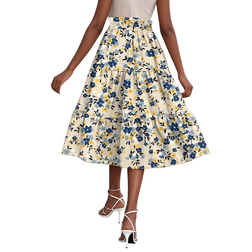 Damenmode Blumenmuster Blumendruck Kordelzug Elastische Taille Lässiger lockerer Halbkörperrock ohne Taschen