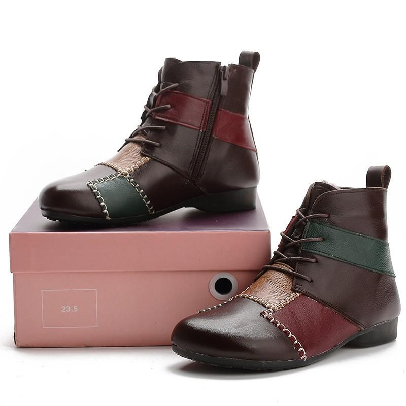 Winter Obermaterial Rindsleder Niedriger Absatz Lässige Kurze Stiefel Ethnischer Stil Colorblocking Echtes Leder Martin Stiefel Warm und Bequem