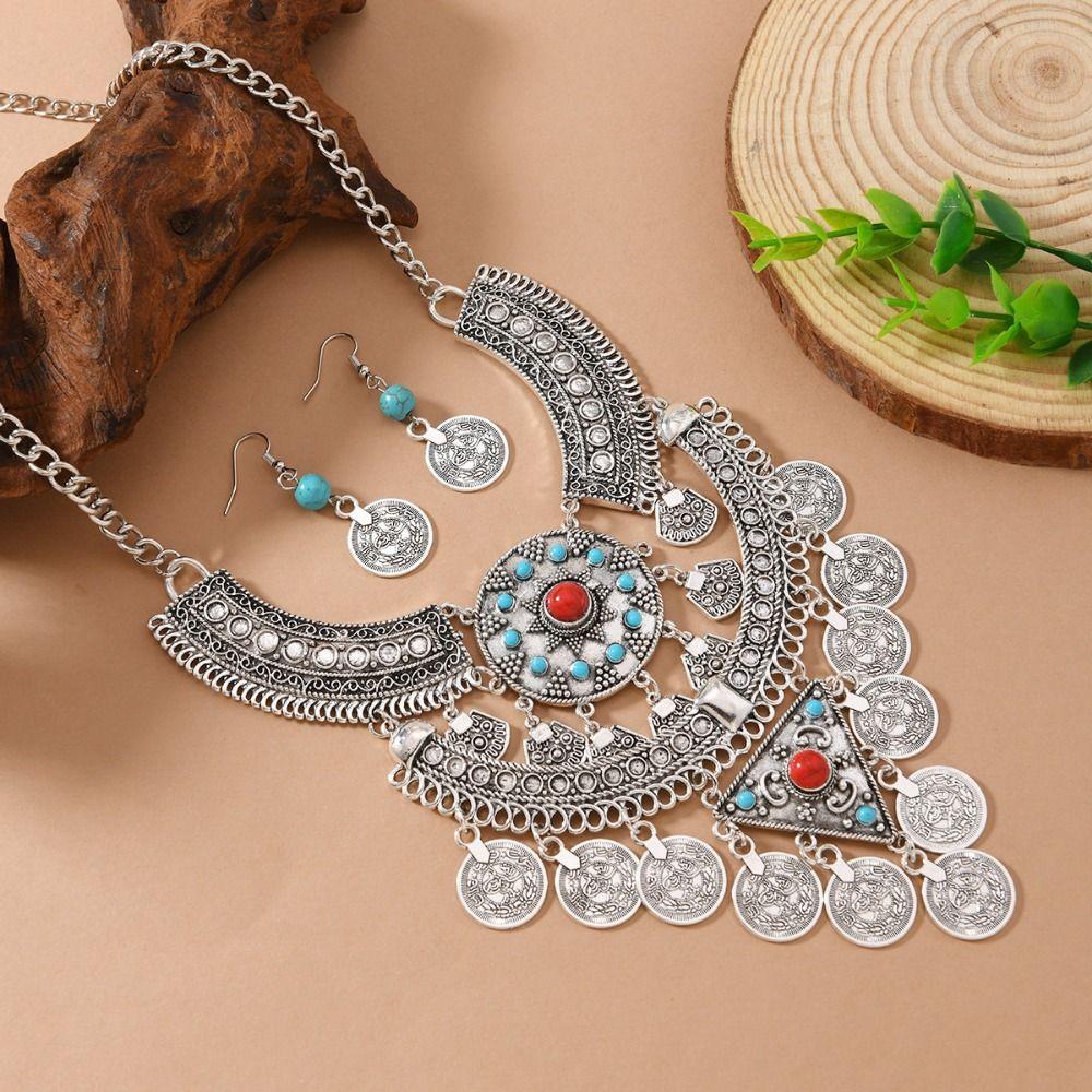 Exquisite Turquoise Tassel Necklace Earrings Exaggerated Neck Jewelry  Women