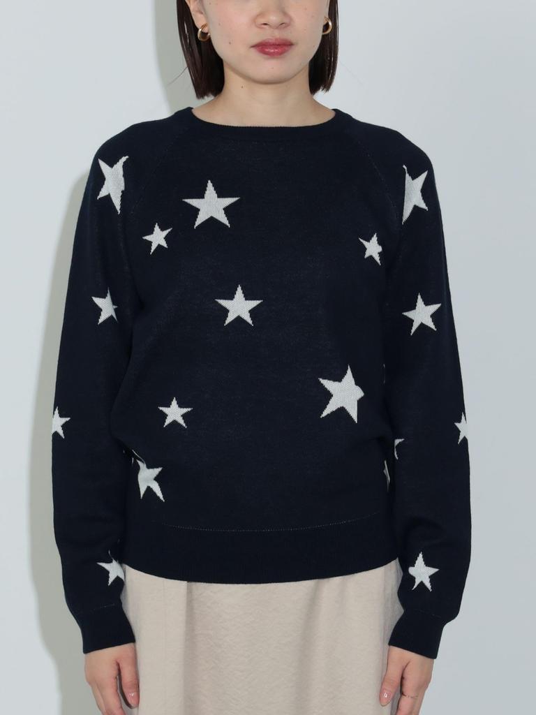Beams Heart Star Print Crew Neck One Size Women's L/S Knit, Navy,