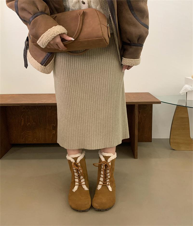 

Ботинки Boboken на шнуровке из овечьей шерсти для женской коллекции осень-зима 2025, новые ленивые туфли-мюли с плоской подошвой и мешком на носке 40 верблюд