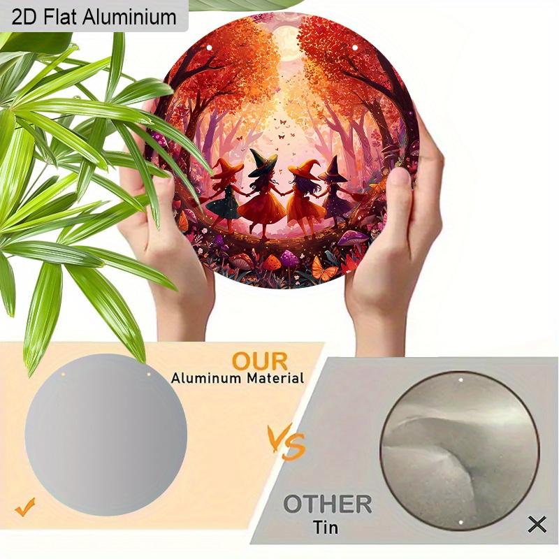 2D Flat Aluminium Halloween Sign with Oil Painting Witchs Pattern - Halloween Figurine Ornaments - Ideal for Front Door, Wall, Porch, Window Decor
