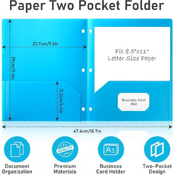 Timart Folders with Pockets 3 Hole Punched-6 Pack, 2 Pocket Heavy Duty Plastic Pocket Folders for 3 Ring Binder, Fit Letter Size File Folder for