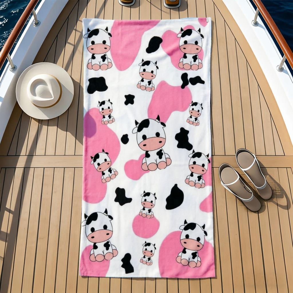 1 Pc Pink Cow Cartoon Beach Towel, Lightweight Sand-Resistant, Ideal for Beach Pool Travel, Perfect for Kids & Women