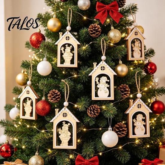 Rustic Christmas Garland Decor Wooden House Snowman/Reindeer Hanging Ornament, DIY Xmas Pendant with Farmhouse Hemp Rope for Home Window & Holiday