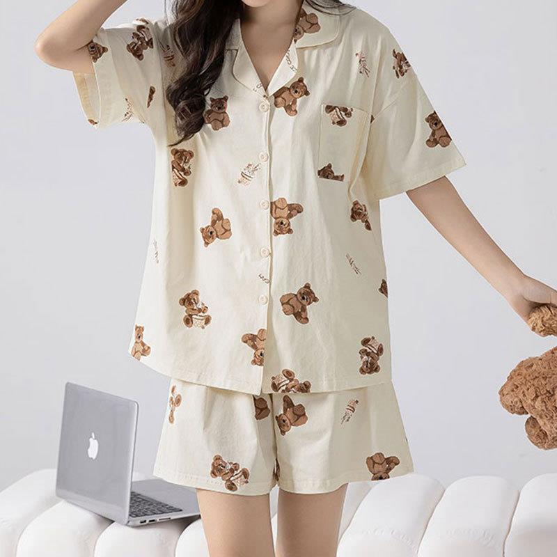 Summer Women's Japanese-Style Cute Teddy Bear Pajamas, Short-Sleeved Loose Cardigan, Casual Homewear Set.