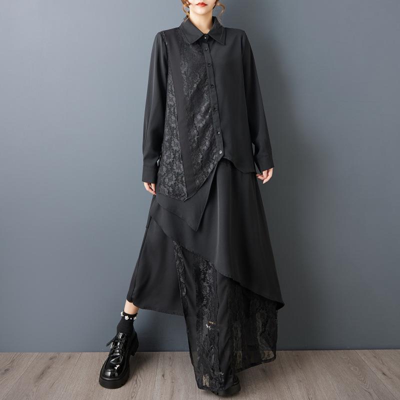 

Spring Fashion Dark Style Lace Trim Shirt & Irregular Skirt Set Large