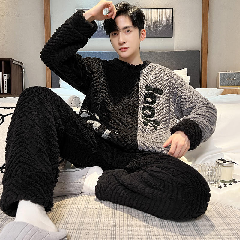 Thick Flannel Men's Pajamas Set Autumn Winter Plus Velvet Thicken Long Sleeves Sleepwear Pjs Nightwear Warm Lounge Wear Set
