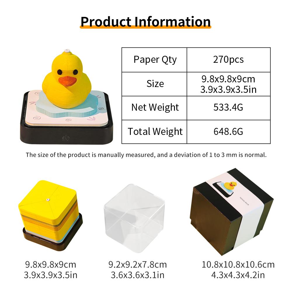 Cute Duck 3D Memo Pad Tear off Note Cube with Light and Calendar Adorable Desk Stationery Memo Pad