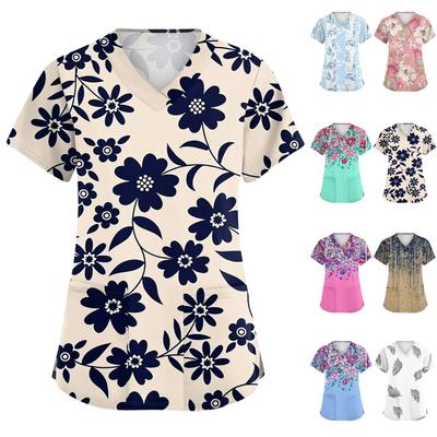 Women's Cute Bow Printed Work Clothes V-neck Double Layer Pockets Basic Short Sleeve Top Pullover