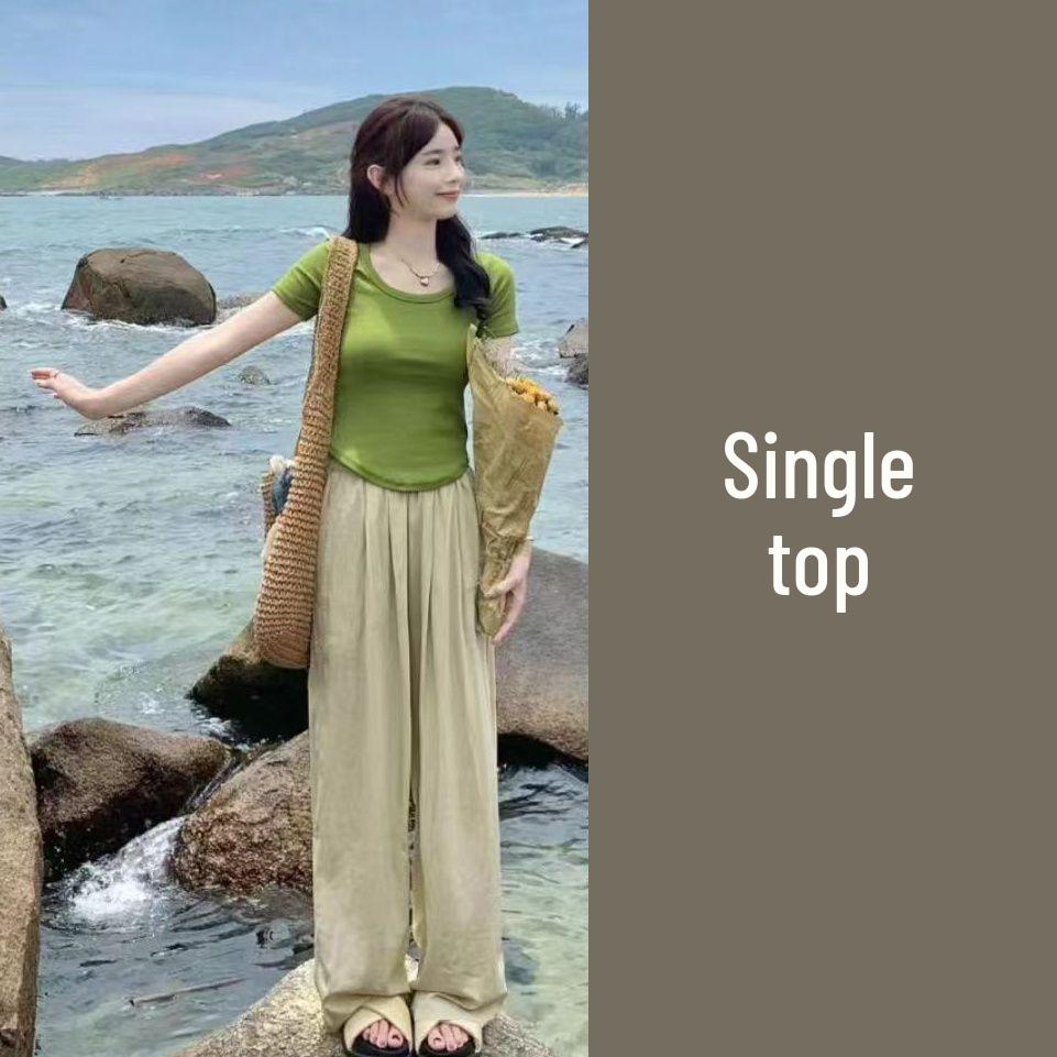 Summer Chic Korean Two-Piece Outfit: Playful & Age-Reducing Set for Petite Frames M зеленый топ только