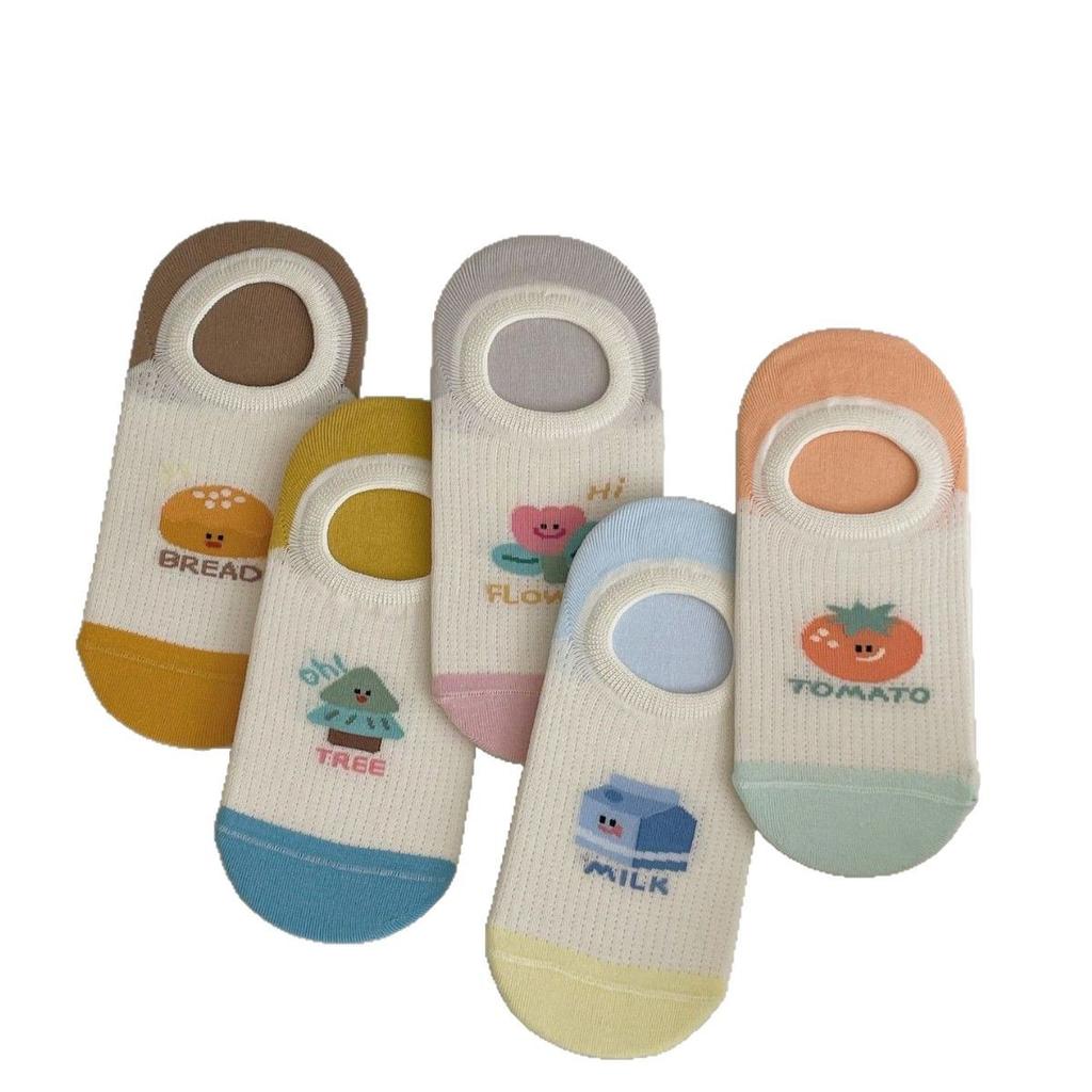 Dopamine Color-blocking Boat Socks, Thin Breathable Mesh Invisible Socks That Don't Fall Off, and Short Socks with Cartoon Patterns for Girls