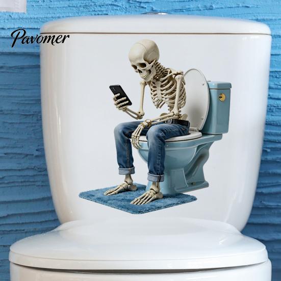 Quick Home Transformation Stickers Funny Skeleton Toilet Cover Sticker, Self-Adhesive Waterproof Sitting on Phone Playing Seat Lid Decal, Novelty
