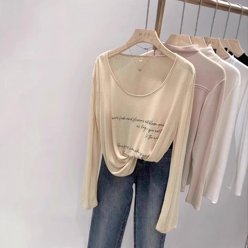 Lazy Tulle Sunscreen Blouse Long-sleeved T-shirt Women's Spring Letter Printing Design Sense Thin Loose Top