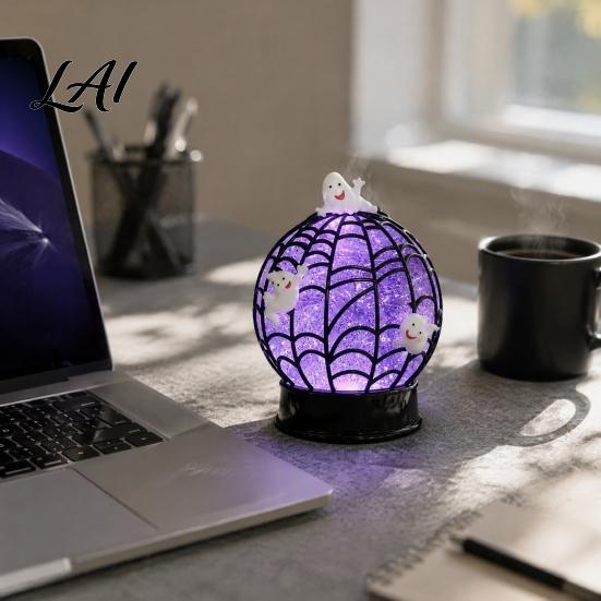 Spooky Party Glitter Ball Halloween Ghost Table Light Lamp, Glowing Spiderweb Faux Crystal Sphere