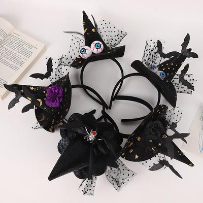 Halloweenská čarodějnická špičatá čelenka, strašidelné oční bulvy, netopýří pavoučí peří, dekorativní spona na hlavičku s míčem