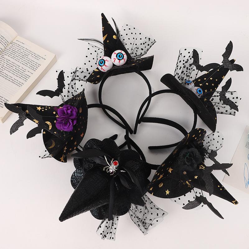 

Halloween Witch Pointy Hat Headband, Scary Eyeball Bat Spider Feathers, Decorative Ball Show Headbuckle