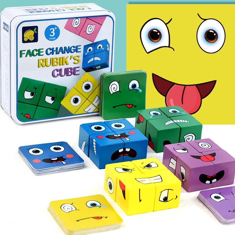 Cross-Border Face-Changing Magic Cube Building Blocks: Wooden Educational Tabletop Game for Kids and Parent-Child Interaction