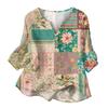 Women’s Cotton Linen Blouse with Patchwork Floral Print Henley Neck Button Front and Three Quarter Sleeves Casual Shirt