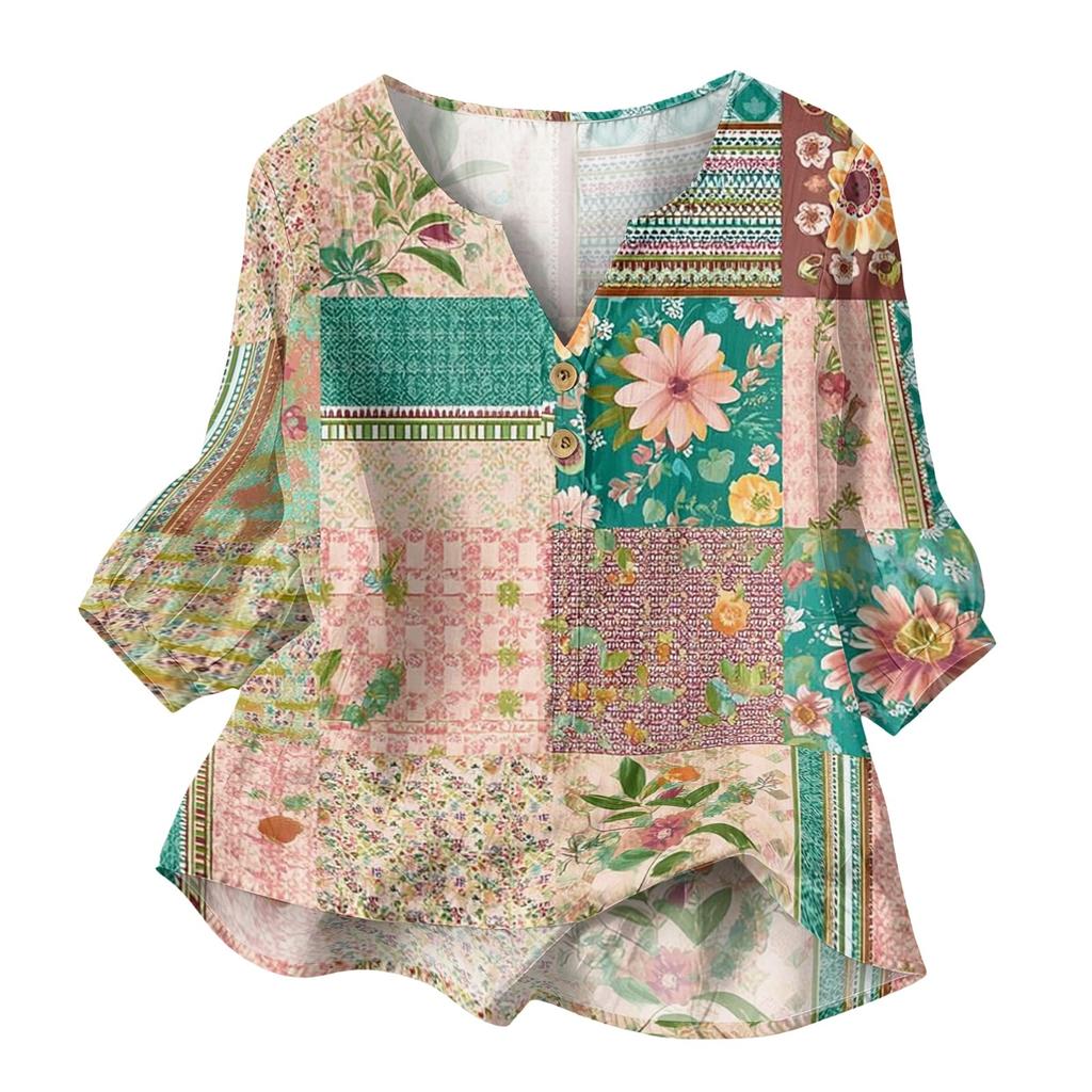 Women’s Cotton Linen Blouse with Patchwork Floral Print Henley Neck Button Front and Three Quarter Sleeves Casual Shirt