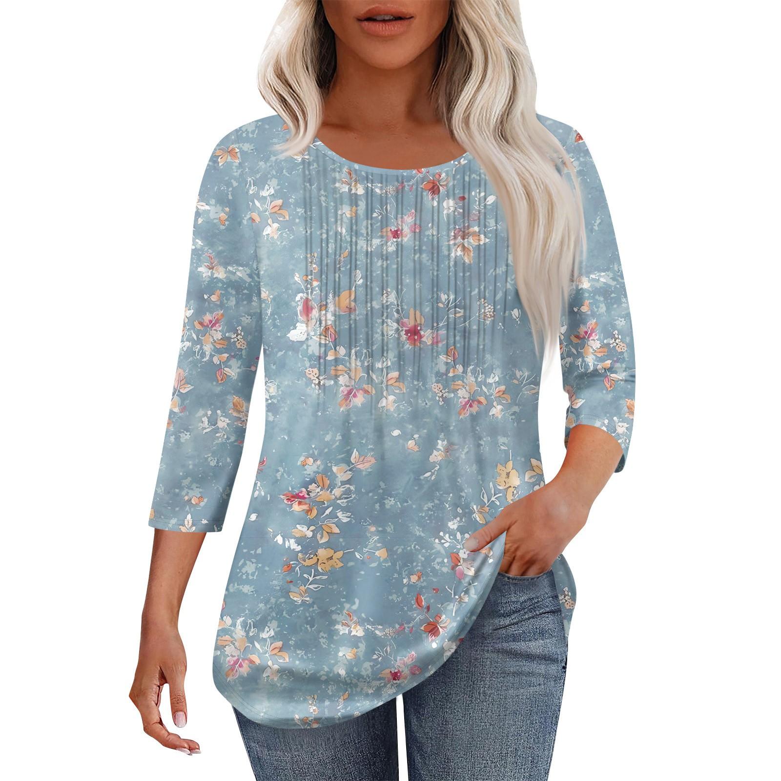 

Женская модная повседневная плиссированная футболка с круглым вырезом и рукавами три четверти с повседневным цветочным принтом XL небесно-голубой