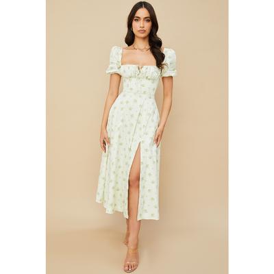 Summer Women's Dress Fashion Bubble Sleeve U-neck Floral Ties Open Long Dress
