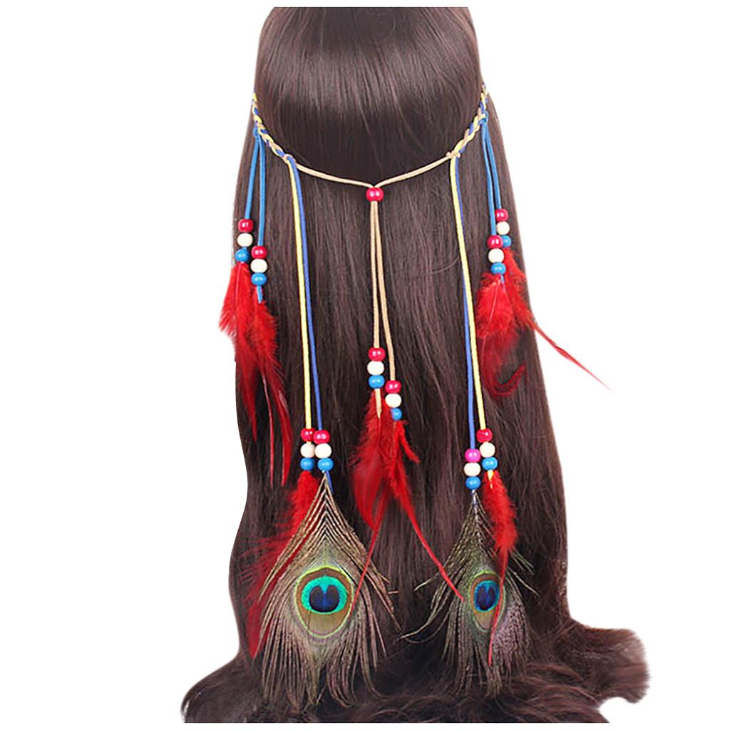 

(SU)Женские украшения, богемный обруч для волос с павлиньими перьями, повязка для волос, головной убор one size красный