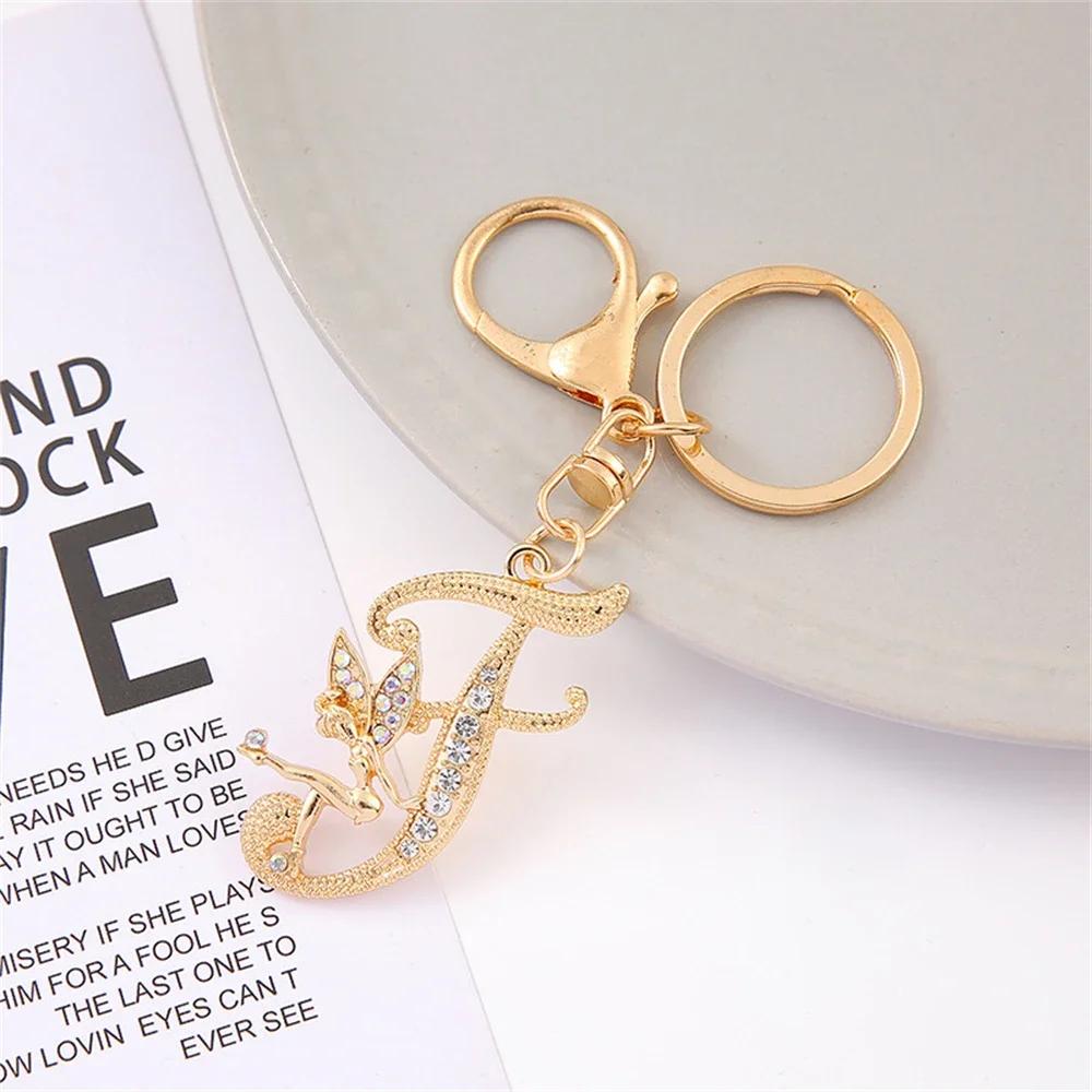 A-Z Rhinestone Elf Girl Letter Keychain Gold Color Initial Name Keyrings Girls Car Key Holder Handbag Purse Charms Decoration