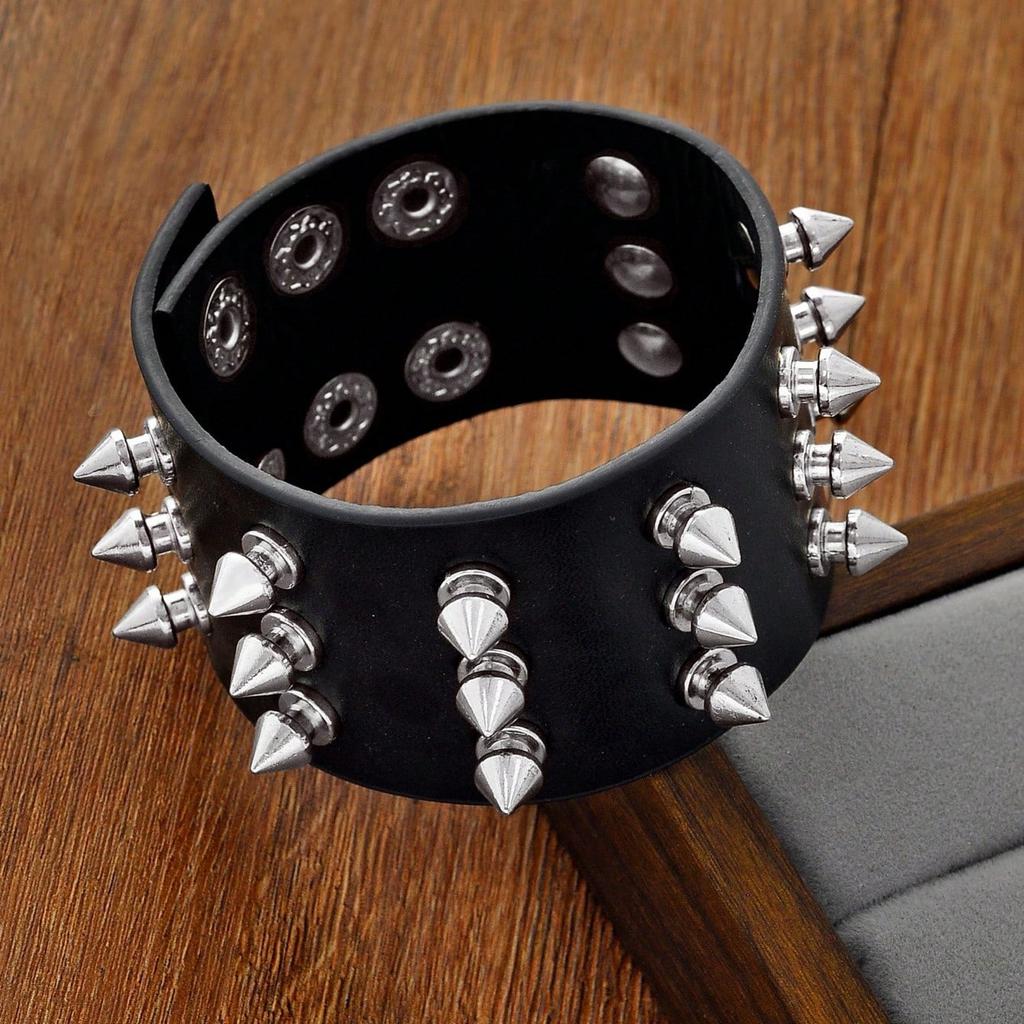 Unisex Gothic Studded Bracelet Pu Leather Adjustable Black Wristband Hip Hop Double-layer Colorful Rock Punk Cuff Bangle