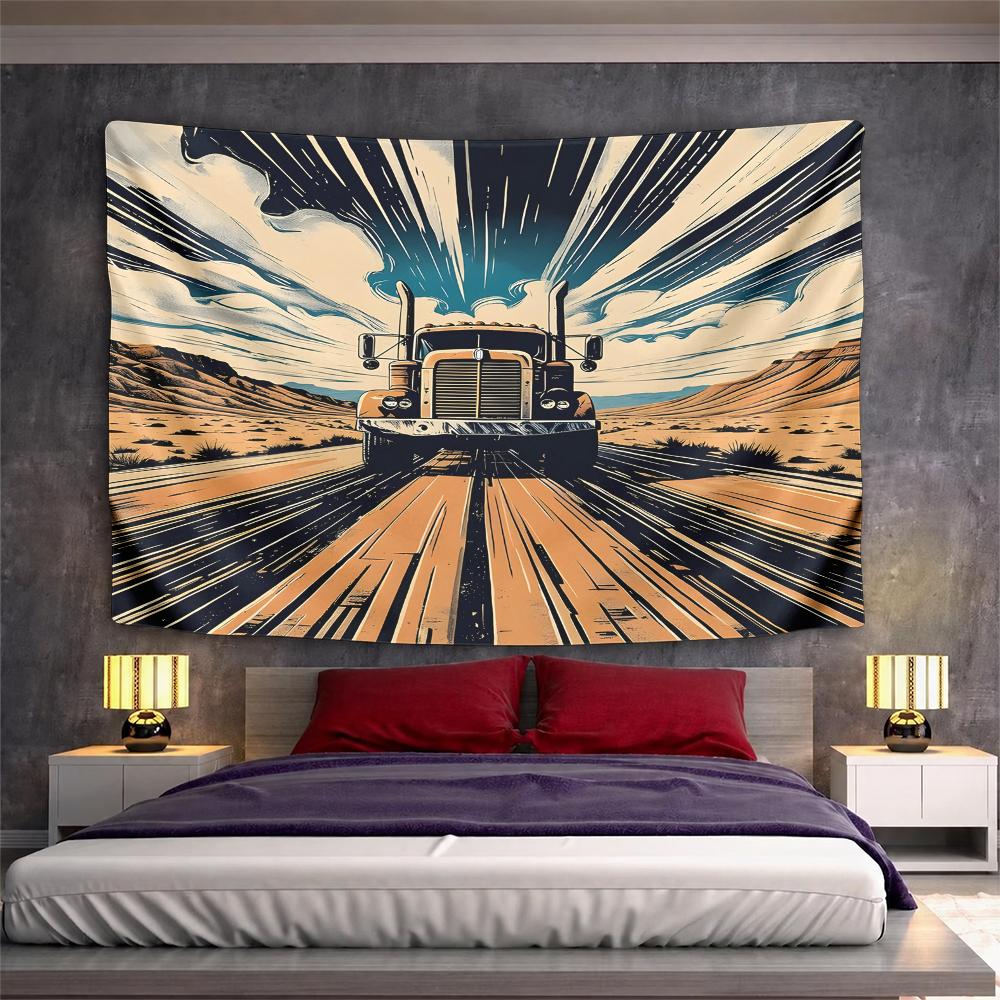Vintage Semi Truck on Desert Highway Retro Pop Art Comic Style Wall Tapestry Trucker Decor for Man Cave Garage