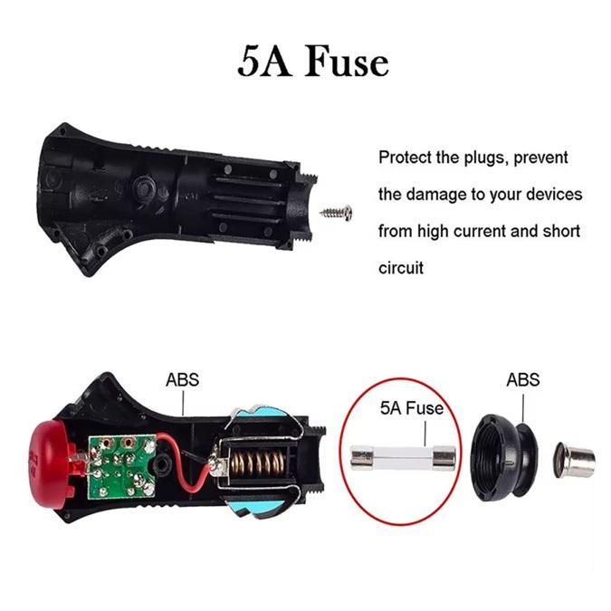 PUSH ON switch, cigarette lighter plug 12V 24V with 5A fuse