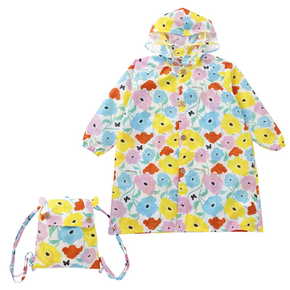 ogawa Kukkahippo Kids Raincoat for School with Adjustable Tucks for Reflective Hippo Transparent Elastic Hippo Shaped Storage Same Pattern As Umbrella