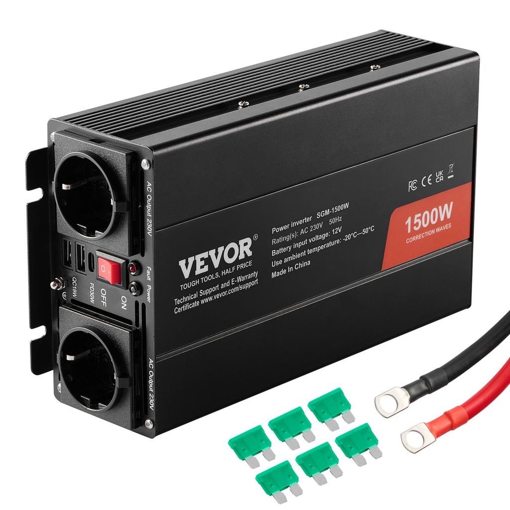 VEVOR Modified Sine Wave Inverter, 1500W, DC 12V To AC 230V Power Inverter with 2 AC Outlets 2 USB Port 1 Type-C Port 6 Spare Fuses
