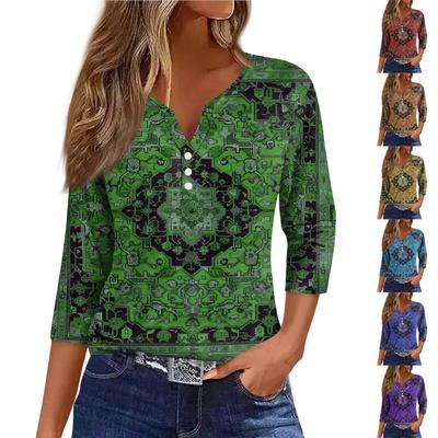Women's T Shirt Tee Print Button 3/4 Sleeve Daily Weekend Fashion Basic V- Neck Regular Top